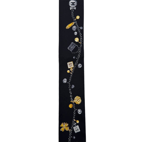 CHANEL LOGO CHARM PATTERN SCARF HAIR BAND BLACK SILK ACCESSORY 90324789