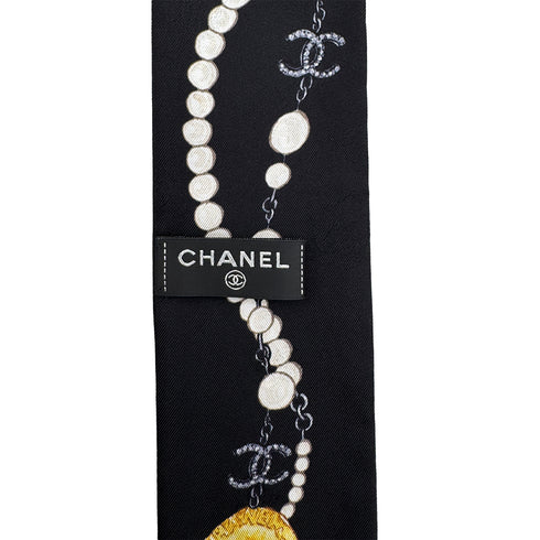 CHANEL LOGO CHARM PATTERN SCARF HAIR BAND BLACK SILK ACCESSORY 90324789