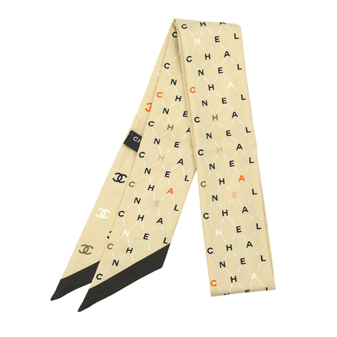 CHANEL LOGO PATTERN SCARF HAIR BAND BEIGE SILK ACCESSORY 90343246