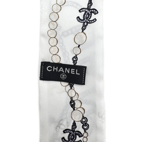 CHANEL LOGO CHARM PATTERN SCARF HAIR BAND WHITE SILK ACCESSORY 90324790