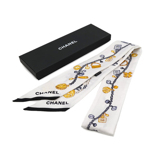 CHANEL LOGO CHARM PATTERN SCARF HAIR BAND WHITE SILK ACCESSORY 90324790