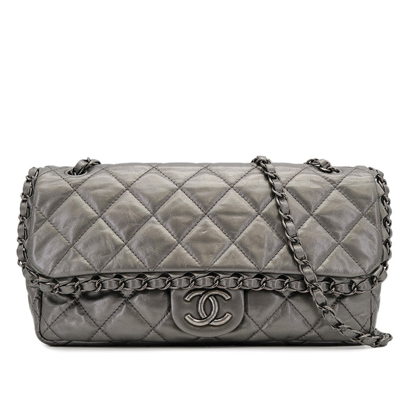 CHANEL LUXURY LINE CHAIN SHOULDER BAG SILVER LEATHER 90319941