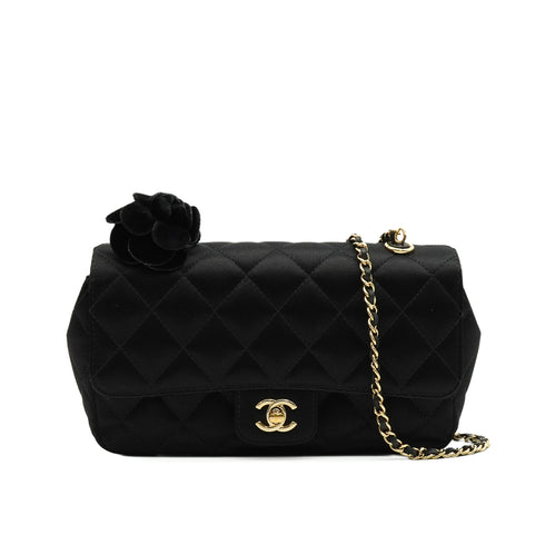 CHANEL MATELASSE CAMELLIA CHAIN SHOULDER BAG BLACK SATIN GOLD HARDWARE 90349389
