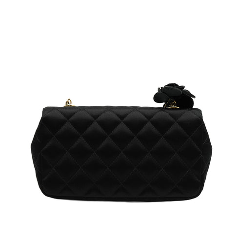 CHANEL MATELASSE CAMELLIA CHAIN SHOULDER BAG BLACK SATIN GOLD HARDWARE 90349389