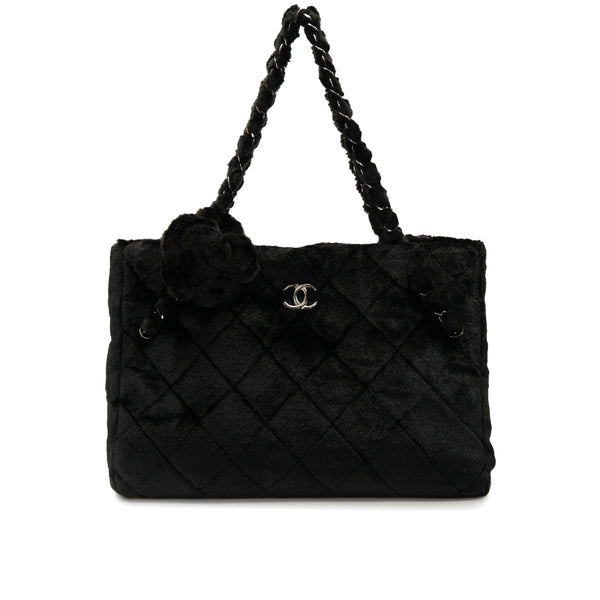 CHANEL MATELASSE CAMELLIA CHAIN TOTE BAG BLACK FAUX FUR SILVER HARDWARE 90322287