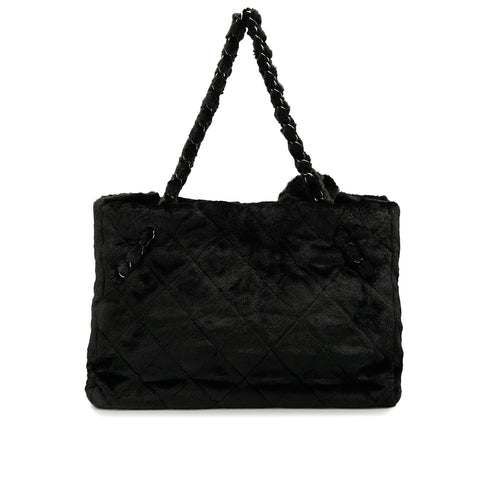 CHANEL MATELASSE CAMELLIA CHAIN TOTE BAG BLACK FAUX FUR SILVER HARDWARE 90322287