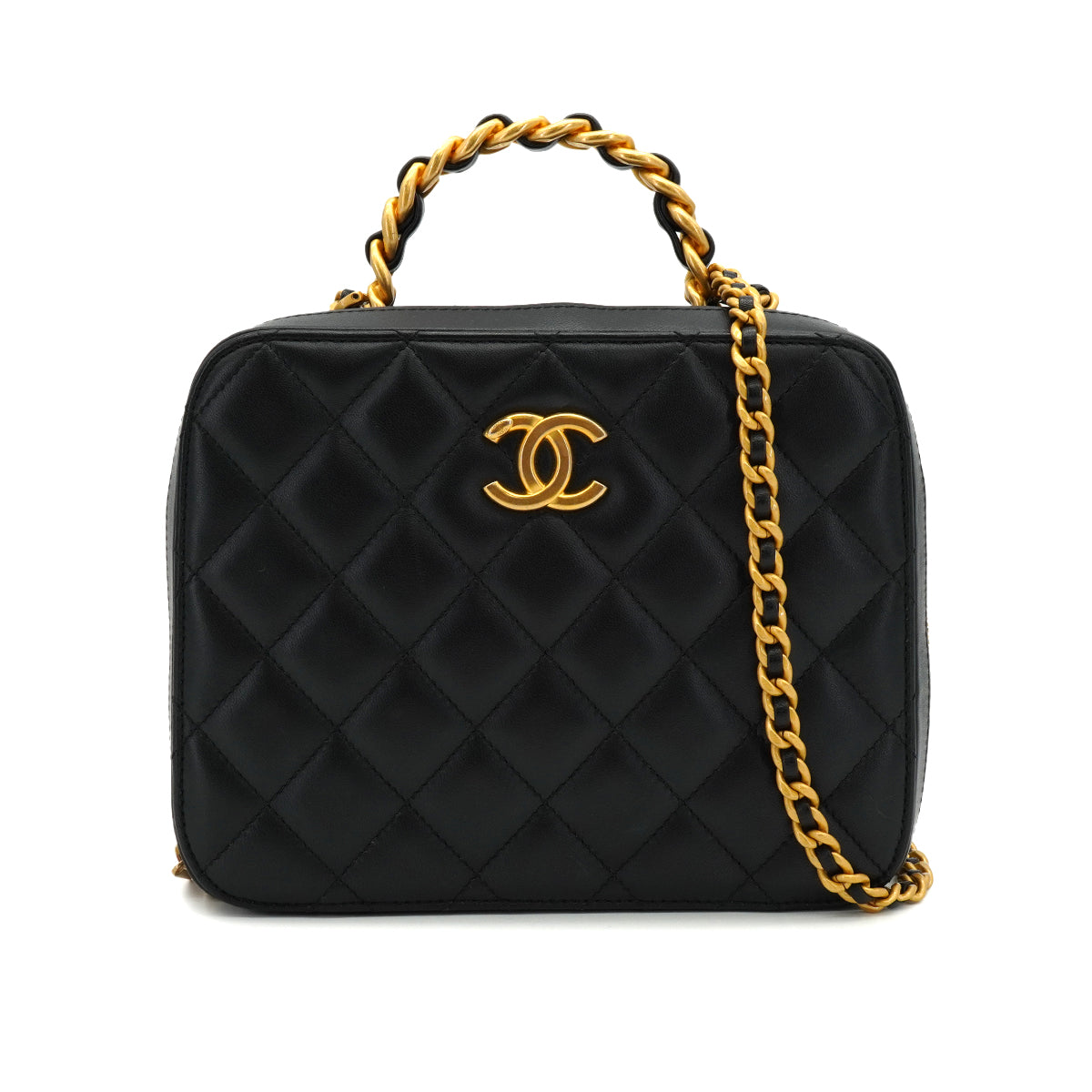 CHANEL MATELASSE CHAIN HAND SHOULDER BAG BLACK LAMB SKIN GOLD