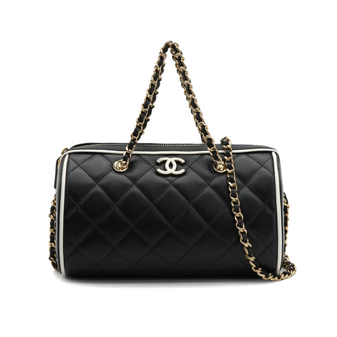 CHANEL MATELASSE CHAIN HAND SHOULDER BAG BLACK WHITE LAMB SKIN GOLD HARDWARE 90334154