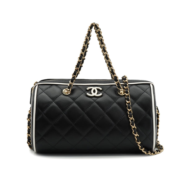 CHANEL MATELASSE CHAIN HAND SHOULDER BAG BLACK WHITE LAMB SKIN GOLD HARDWARE 90334154