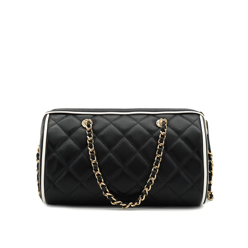 CHANEL MATELASSE CHAIN HAND SHOULDER BAG BLACK WHITE LAMB SKIN GOLD HARDWARE 90334154