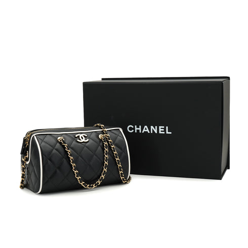 CHANEL MATELASSE CHAIN HAND SHOULDER BAG BLACK WHITE LAMB SKIN GOLD HARDWARE 90334154