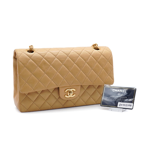 VINTAGE CHANEL CLASSIC FLAP MEDIUM SHOULDER BAG BEIGE LAMB SKIN GOLD HARDWARE 90335306