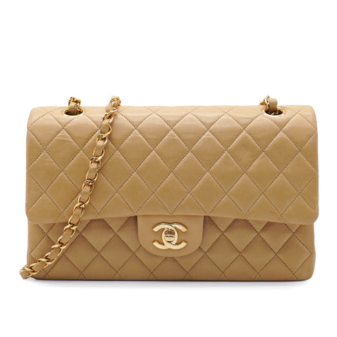 VINTAGE CHANEL CLASSIC FLAP MEDIUM SHOULDER BAG BEIGE LAMB SKIN GOLD HARDWARE 90335306