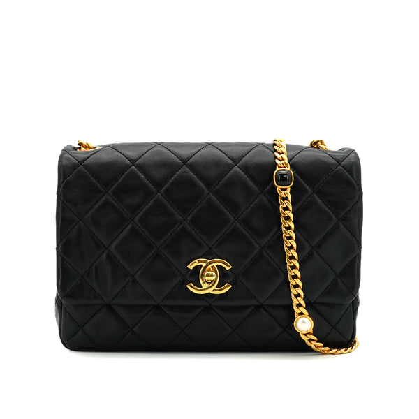 CHANEL MATELASSE CHAIN SHOULDER BAG BLACK LAMB SKIN FAUX PEARL GOLD HARDWARE 90334866