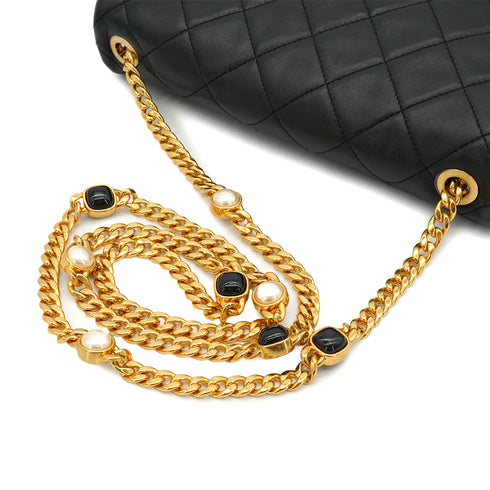 CHANEL MATELASSE CHAIN SHOULDER BAG BLACK LAMB SKIN FAUX PEARL GOLD HARDWARE 90334866
