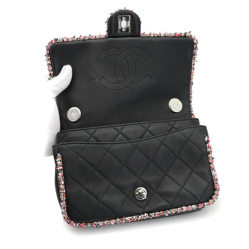 CHANEL MATELASSE CHAIN SHOULDER BAG LEATHER TWEED BLACK SILVER HARDWARE 90328927