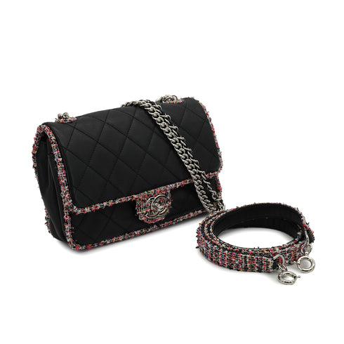 CHANEL MATELASSE CHAIN SHOULDER BAG LEATHER TWEED BLACK SILVER HARDWARE 90328927