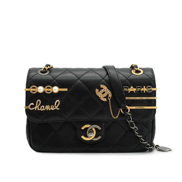 CHANEL MATELASSE COCO CLIPS CHAIN SHOULDER BAG RHINESTONE FAUX PEARL BLACK LAMB SKIN GOLD HARDWARE 90331664
