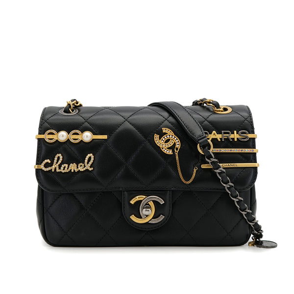 CHANEL MATELASSE COCO CLIPS CHAIN SHOULDER BAG RHINESTONE FAUX PEARL BLACK LAMB SKIN GOLD HARDWARE 90324131