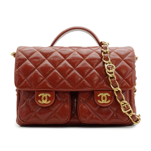 CHANEL MATELASSE DOUBLE COCOMARK CHAIN SHOULDER HAND BAG BROWN LEATHER GOLD HARDWARE 90342593