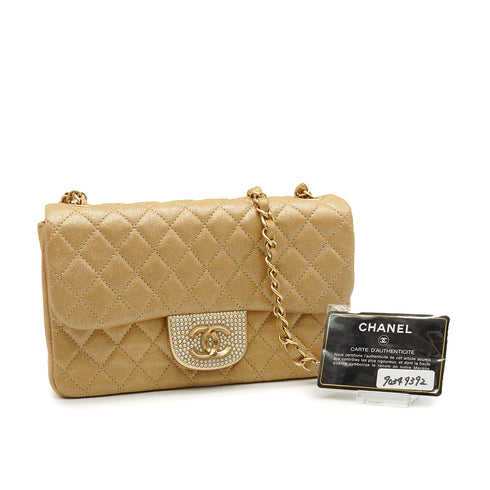 CHANEL MATELASSE FAUX PEARL CHAIN SHOULDER BAG BEIGE IRIDESCENT LAMB SKIN GOLD HARDWARE 90349392