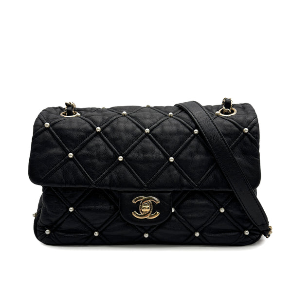 CHANEL MATELASSE FAUX PEARL CHAIN SHOULDER BAG BLACK LEATHER 90313667