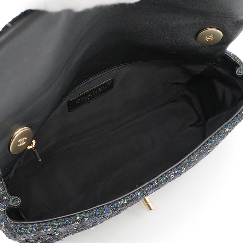 CHANEL MATELASSE FAUX PEARL HAND CHAIN SHOULDER BAG BLACK NAVY SEQUINS LEATHER GOLD HARDWARE 90343005
