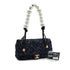 CHANEL MATELASSE FAUX PEARL HAND CHAIN SHOULDER BAG BLACK NAVY SEQUINS LEATHER GOLD HARDWARE 90343005