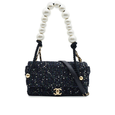 CHANEL MATELASSE FAUX PEARL HAND CHAIN SHOULDER BAG BLACK NAVY SEQUINS LEATHER GOLD HARDWARE 90343005