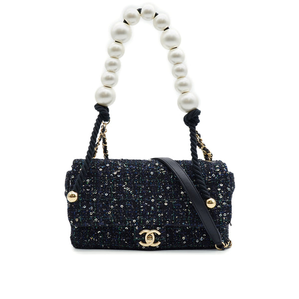 CHANEL MATELASSE FAUX PEARL HAND CHAIN SHOULDER BAG BLACK NAVY SEQUINS LEATHER GOLD HARDWARE 90343005