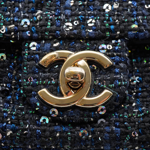 CHANEL MATELASSE FAUX PEARL HAND CHAIN SHOULDER BAG BLACK NAVY SEQUINS LEATHER GOLD HARDWARE 90343005