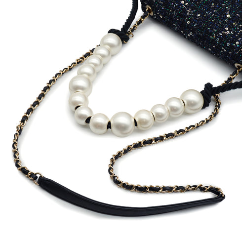 CHANEL MATELASSE FAUX PEARL HAND CHAIN SHOULDER BAG BLACK NAVY SEQUINS LEATHER GOLD HARDWARE 90343005