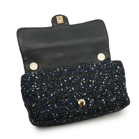 CHANEL MATELASSE FAUX PEARL HAND CHAIN SHOULDER BAG BLACK NAVY SEQUINS LEATHER GOLD HARDWARE 90343005