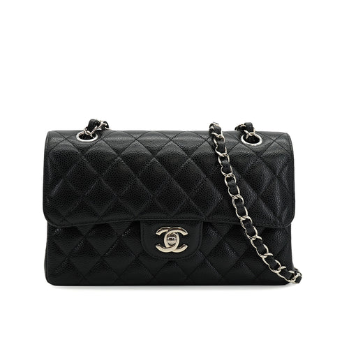CHANEL CLASSIC FLAP SMALL CHAIN SHOULDER BAG BLACK CAVIAR SKIN SILVER HARDWARE 90334169