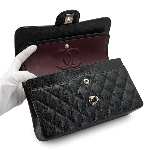 CHANEL CLASSIC FLAP SMALL CHAIN SHOULDER BAG BLACK CAVIAR SKIN SILVER HARDWARE 90334169