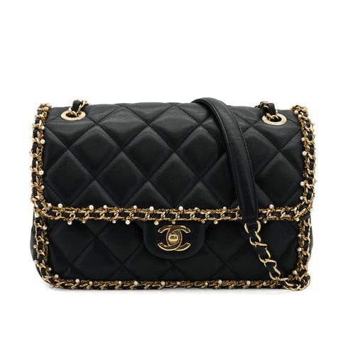 CHANEL MATELASSE FAUX PEARL CHAIN SHOULDER BAG BLACK LEATHER 90332580