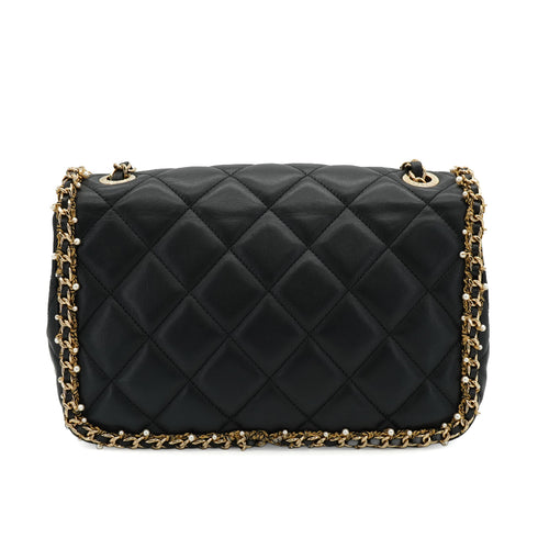 CHANEL MATELASSE FAUX PEARL CHAIN SHOULDER BAG BLACK LEATHER 90332580