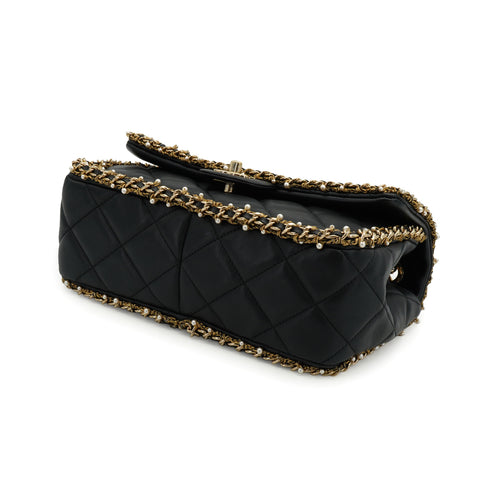 CHANEL MATELASSE FAUX PEARL CHAIN SHOULDER BAG BLACK LEATHER 90332580