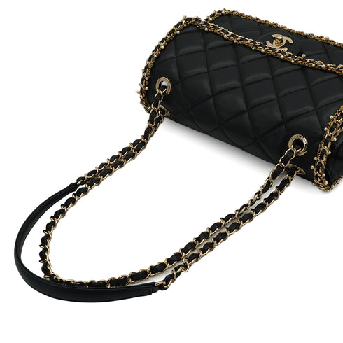 CHANEL MATELASSE FAUX PEARL CHAIN SHOULDER BAG BLACK LEATHER 90332580