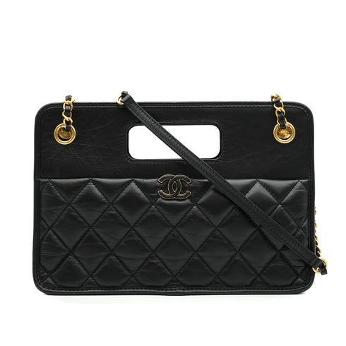 CHANEL MATELASSE SMALL SHOPPING BAG BLACK LAMB SKIN GOLD HARDWARE 90335798