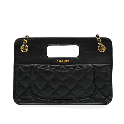 CHANEL MATELASSE SMALL SHOPPING BAG BLACK LAMB SKIN GOLD HARDWARE 90335798