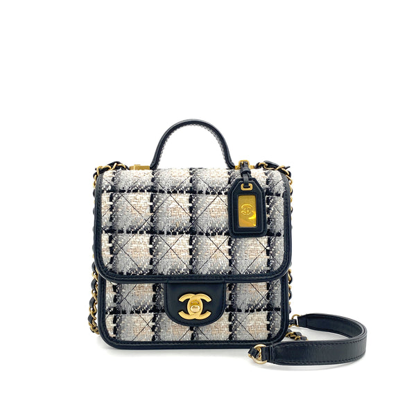 CHANEL MATELASSE TWEED CHAIN HAND SHOULDER BAG BEIGE BLACK GOLD HARDWARE 90324760