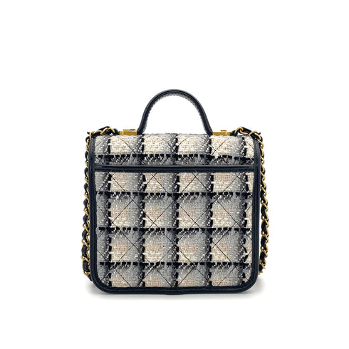 CHANEL MATELASSE TWEED CHAIN HAND SHOULDER BAG BEIGE BLACK GOLD HARDWARE 90324760