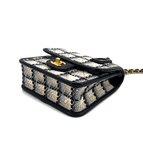 CHANEL MATELASSE TWEED CHAIN HAND SHOULDER BAG BEIGE BLACK GOLD HARDWARE 90324760