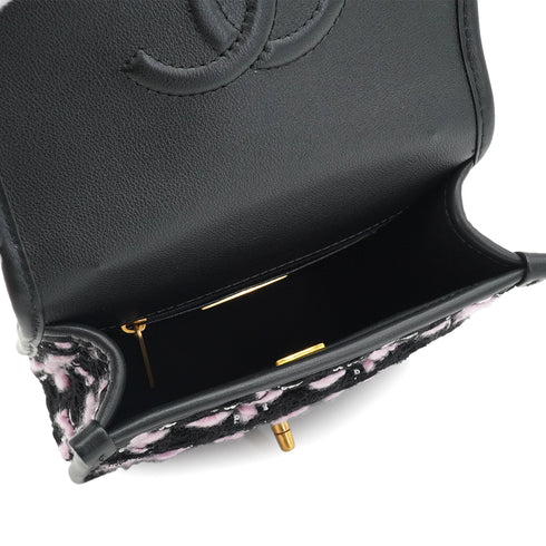 CHANEL MATELASSE TWEED CHAIN HAND SHOULDER BAG PINK BLACK GOLD HARDWARE 90332582