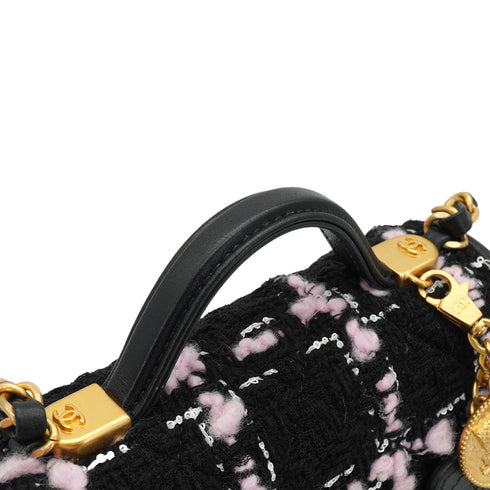 CHANEL MATELASSE TWEED CHAIN HAND SHOULDER BAG PINK BLACK GOLD HARDWARE 90332582