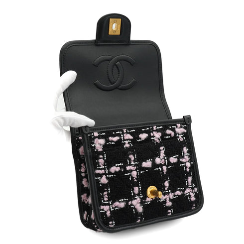 CHANEL MATELASSE TWEED CHAIN HAND SHOULDER BAG PINK BLACK GOLD HARDWARE 90332582