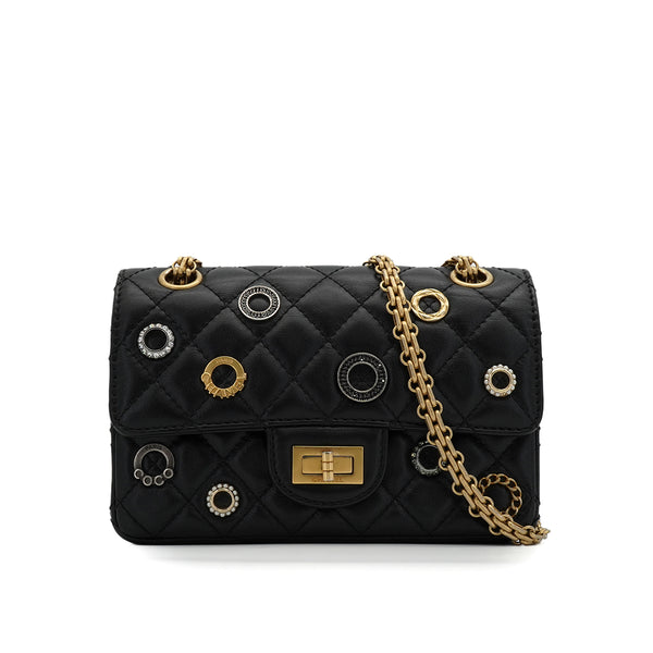 CHANEL MINI MATERASSE 2.55 REISSUE CIRCLE CHARM RHINE STONE SHOULDER BAG BLACK LAMB SKIN GOLD HARDWARE 90343939