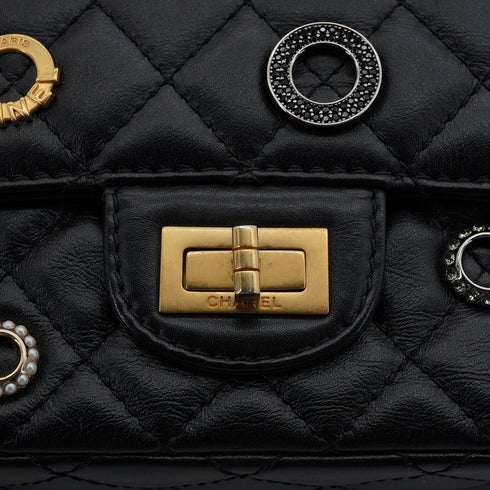 CHANEL MINI MATERASSE 2.55 REISSUE CIRCLE CHARM RHINE STONE SHOULDER BAG BLACK LAMB SKIN GOLD HARDWARE 90343939