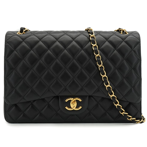 CHANEL MAXI MATELASSE 34 CHAIN SHOULDER BAG BLACK LAMB SKIN GOLD HARDWARE 90340474